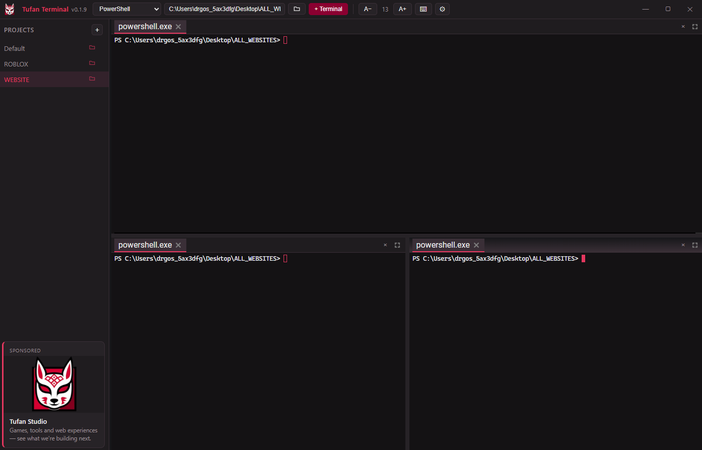 Tufan Terminal with a projects sidebar and split terminal panes